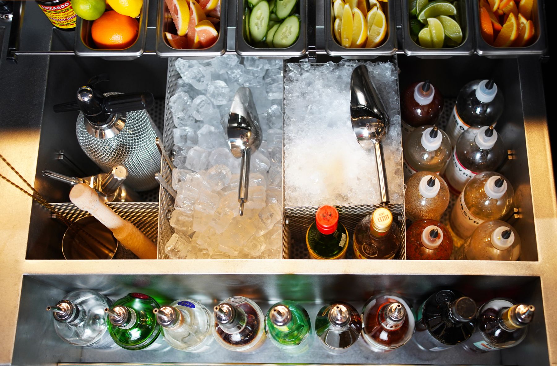 Bar well: cambros, ice, Prosyro bottles on the speed rail